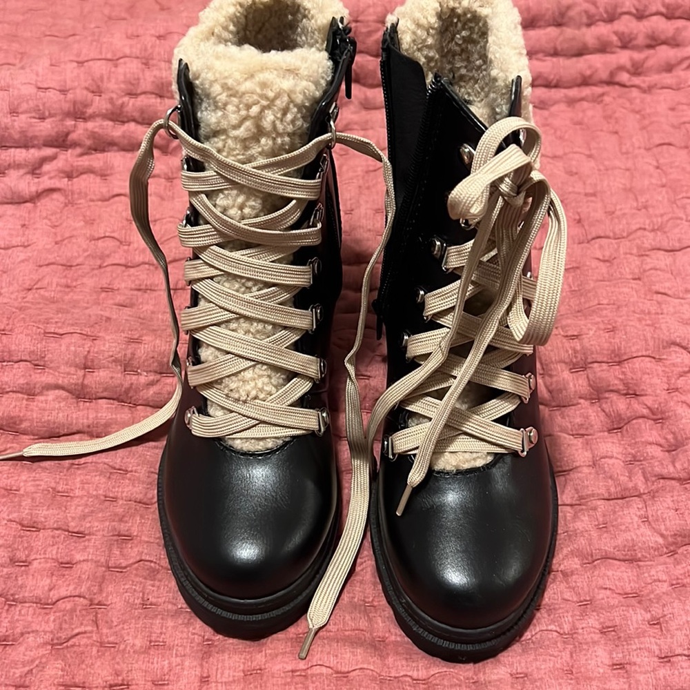 Black Sherpa lace up chunky lug sole shearling booties. Never worn